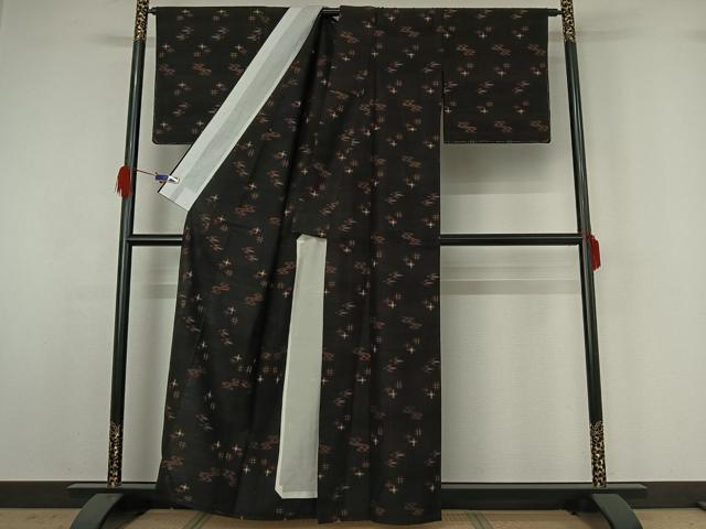 平和屋着物▽国指定重要無形文化財 本場久米島紬 手織 単衣 正絹 逸品 AABG4217jh