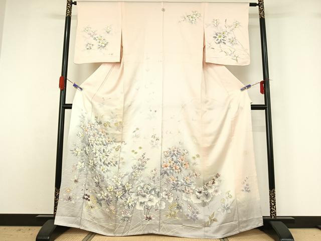 平和屋着物▽訪問着 単衣 作家物 手描き 草花文 暈し染め 正絹 逸品 AABG4221jh