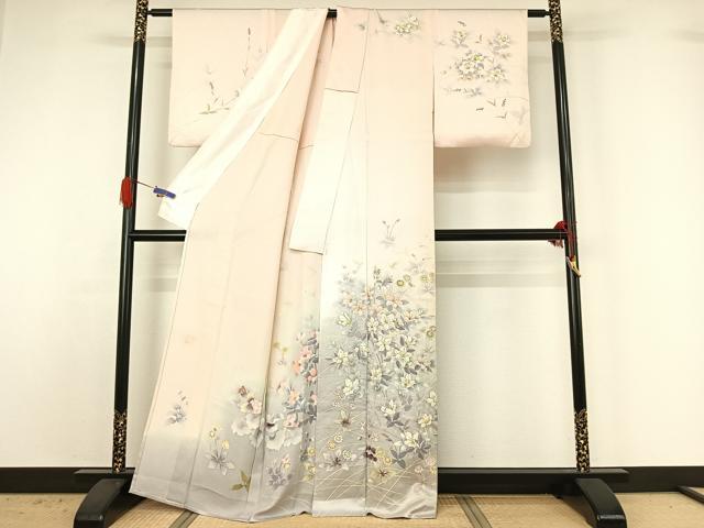平和屋着物▽訪問着 単衣 作家物 手描き 草花文 暈し染め 正絹 逸品 AABG4221jh