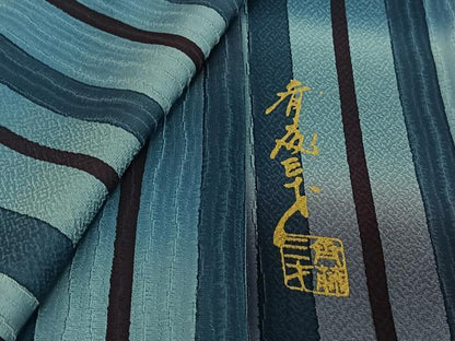 平和屋着物▽染色作家 斉藤三才 小紋 単衣 縞 暈し染め 正絹 逸品 AABG4222jh