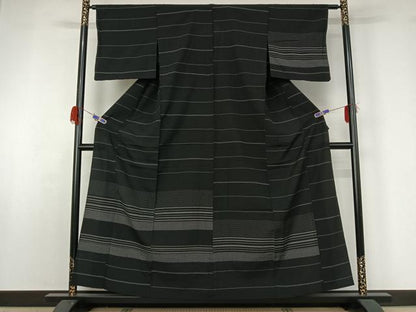 平和屋着物▽訪問着 単衣 紬地 横段文 黒地 正絹 逸品 AABG4223jh