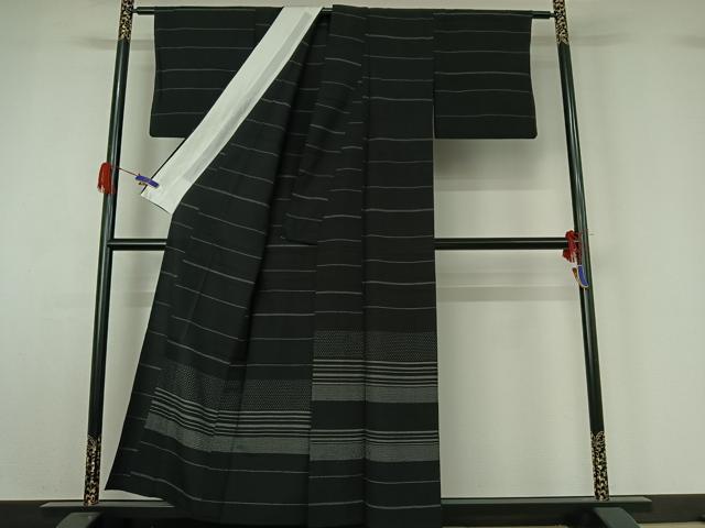 平和屋着物▽訪問着 単衣 紬地 横段文 黒地 正絹 逸品 AABG4223jh