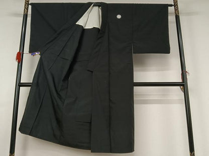平和屋着物▽男性 黒紋付 単衣 紬地 暗黒色 正絹 逸品 AABG4231jh