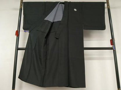 平和屋着物▽男性 黒紋付 単衣 暗黒色 正絹 逸品 AABG4233jh