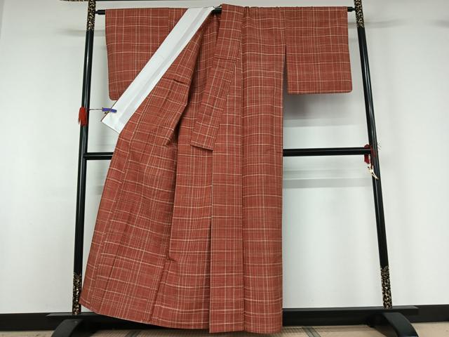 平和屋着物▽上質な紬 単衣 格子 正絹 逸品 AABG4234jh