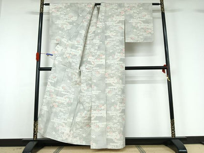 平和屋着物▽上質な紬　単衣　風景花文　正絹　逸品　AABG4238jh