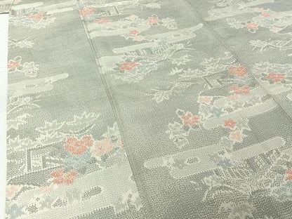 平和屋着物▽上質な紬　単衣　風景花文　正絹　逸品　AABG4238jh