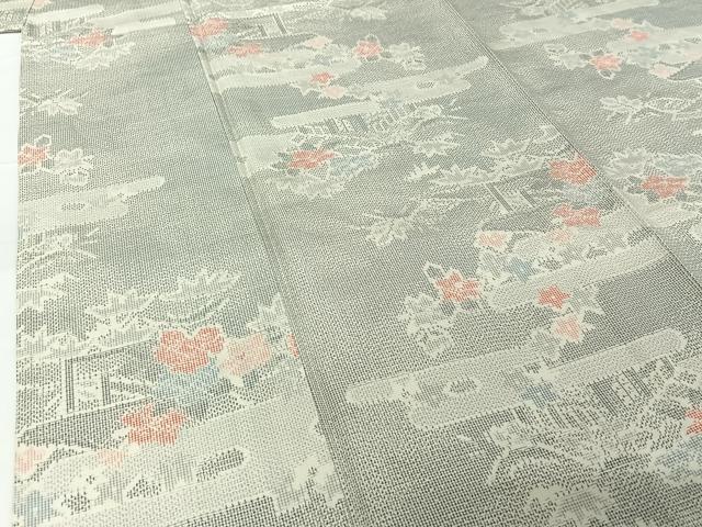 平和屋着物▽上質な紬　単衣　風景花文　正絹　逸品　AABG4238jh