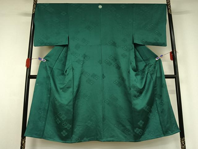 平和屋着物▽男性 色無地 単衣 花菱地紋 青緑色 正絹 逸品 AABG4239jh