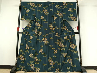平和屋着物▽小紋 単衣 笹竹にふくら雀 洗える着物 AABG4248jh