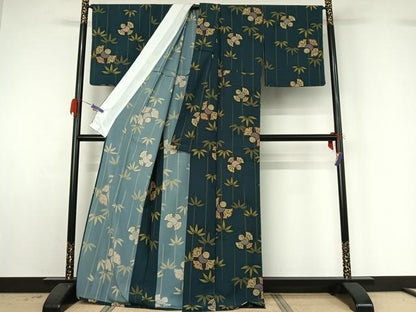 平和屋着物▽小紋 単衣 笹竹にふくら雀 洗える着物 AABG4248jh