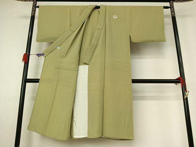 平和屋着物▽男性　単衣　色紋付　抹茶色　正絹　逸品　AABG4249jh