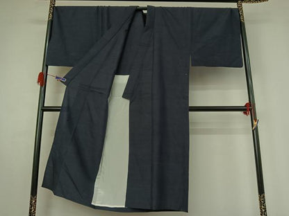 平和屋着物▽男性　本真綿紬　単衣　濃藍色　反端付き　正絹　逸品　AABG4259jh