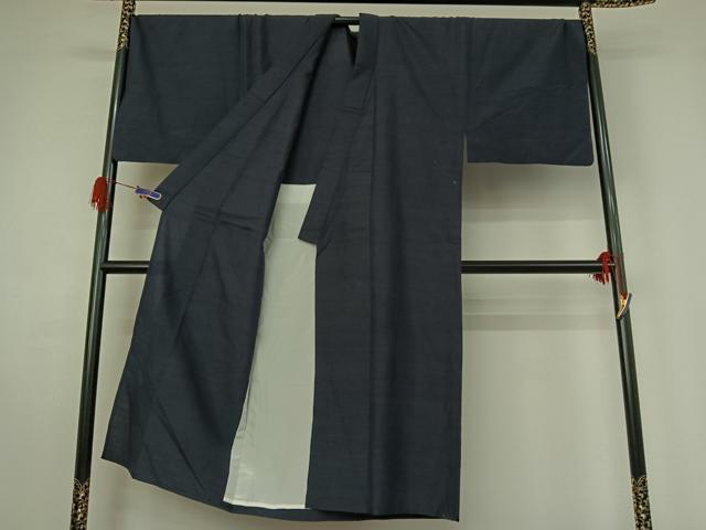 平和屋着物▽男性　本真綿紬　単衣　濃藍色　反端付き　正絹　逸品　AABG4259jh