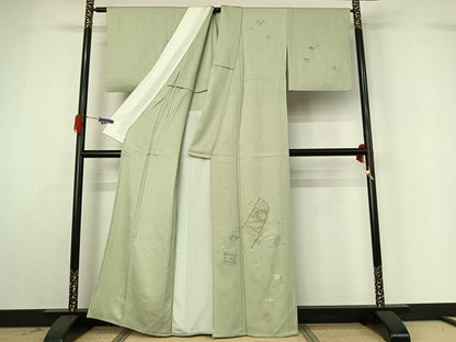 平和屋着物▽訪問着 単衣 総刺繍 草花文 金糸 正絹 逸品 AABG4265jh