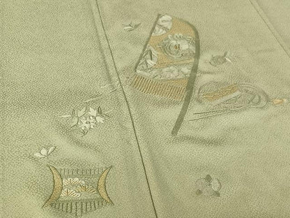平和屋着物▽訪問着 単衣 総刺繍 草花文 金糸 正絹 逸品 AABG4265jh