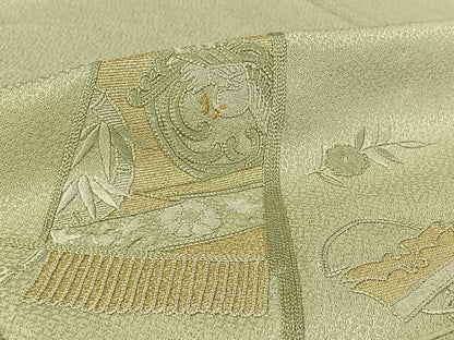 平和屋着物▽訪問着 単衣 総刺繍 草花文 金糸 正絹 逸品 AABG4265jh