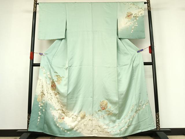 平和屋着物▽訪問着　単衣　駒刺繍　貝桶花文　暈し染め　金彩　正絹　逸品　AABG4272jh