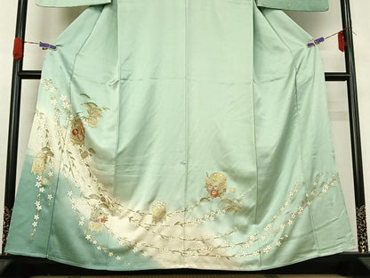 平和屋着物▽訪問着　単衣　駒刺繍　貝桶花文　暈し染め　金彩　正絹　逸品　AABG4272jh
