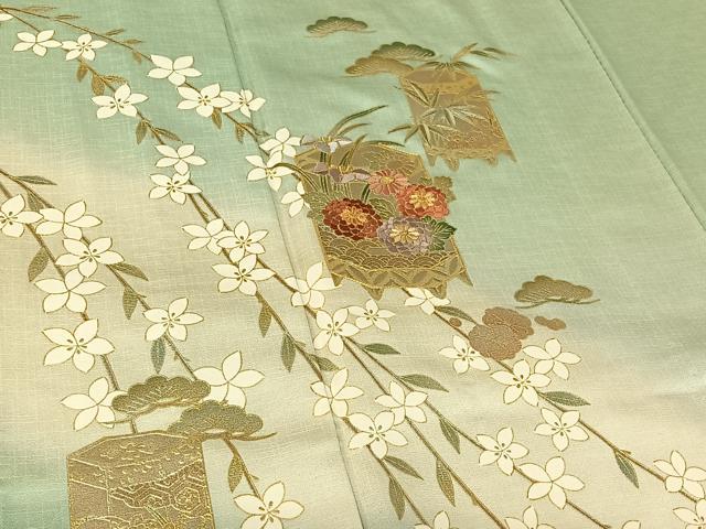 平和屋着物▽訪問着　単衣　駒刺繍　貝桶花文　暈し染め　金彩　正絹　逸品　AABG4272jh