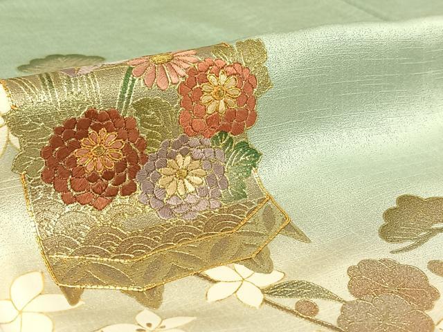 平和屋着物▽訪問着　単衣　駒刺繍　貝桶花文　暈し染め　金彩　正絹　逸品　AABG4272jh