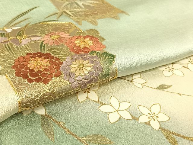 平和屋着物▽訪問着　単衣　駒刺繍　貝桶花文　暈し染め　金彩　正絹　逸品　AABG4272jh