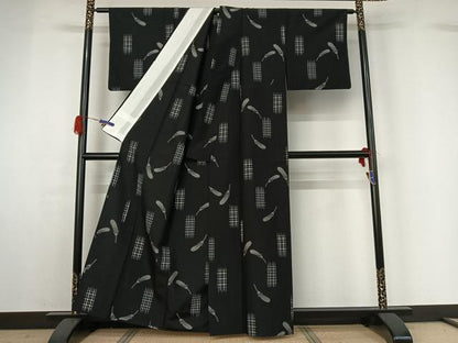 平和屋着物▽上質な紬 単衣 成り物 黒地 正絹 逸品 AABG4274jh
