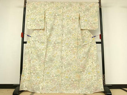 平和屋着物▽上質な小紋 単衣 花蝶文 正絹 逸品 AABG4275jh