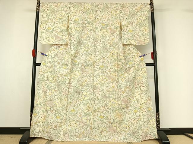 平和屋着物▽上質な小紋 単衣 花蝶文 正絹 逸品 AABG4275jh