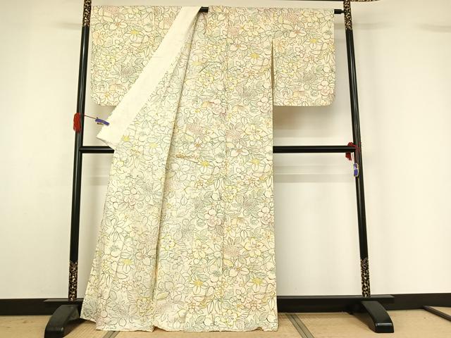 平和屋着物▽上質な小紋 単衣 花蝶文 正絹 逸品 AABG4275jh