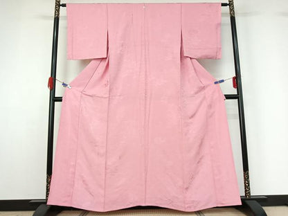 平和屋着物▽上質な色無地　単衣　吉祥花地紋　鴇色　正絹　逸品　AABG4277jh