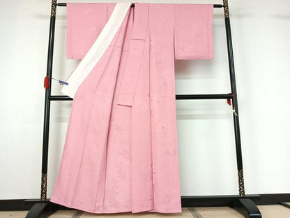 平和屋着物▽上質な色無地　単衣　吉祥花地紋　鴇色　正絹　逸品　AABG4277jh