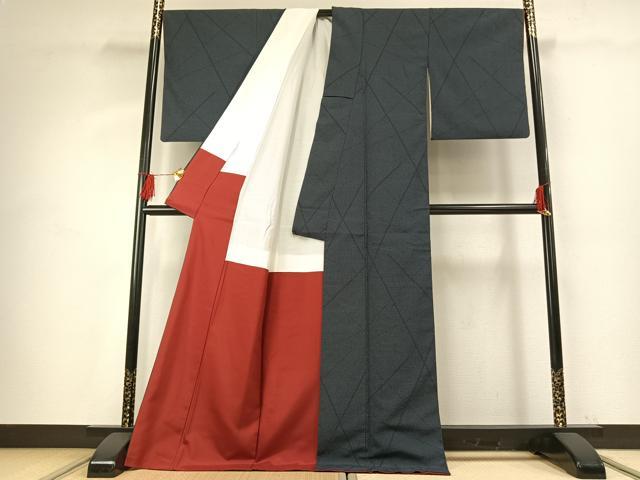 平和屋着物●本塩沢　110亀甲　抽象文様　ロング丈　正絹　逸品　AABG4304fy