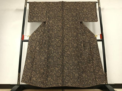 平和屋着物●上質な小紋　型染め　草花文　黒地　正絹　逸品　AABG4307fy