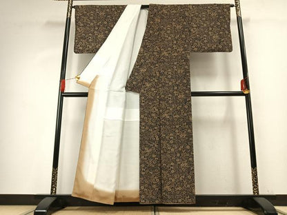 平和屋着物●上質な小紋　型染め　草花文　黒地　正絹　逸品　AABG4307fy