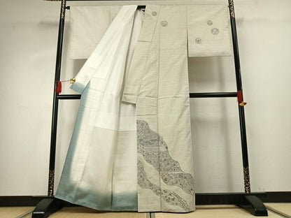 平和屋着物●訪問着 本場大島紬 白大島 中国三大刺繍 汕頭刺繍 スワトウ刺繍 総刺繍 一元絣 道長花文 金糸 正絹 逸品 AABG4314fy