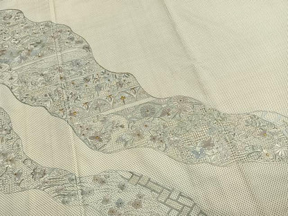 平和屋着物●訪問着 本場大島紬 白大島 中国三大刺繍 汕頭刺繍 スワトウ刺繍 総刺繍 一元絣 道長花文 金糸 正絹 逸品 AABG4314fy