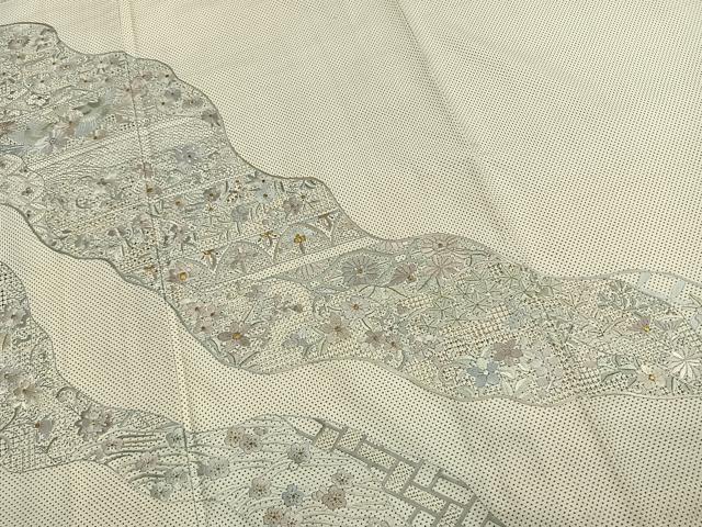 平和屋着物●訪問着 本場大島紬 白大島 中国三大刺繍 汕頭刺繍 スワトウ刺繍 総刺繍 一元絣 道長花文 金糸 正絹 逸品 AABG4314fy