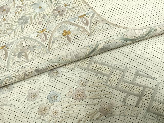 平和屋着物●訪問着 本場大島紬 白大島 中国三大刺繍 汕頭刺繍 スワトウ刺繍 総刺繍 一元絣 道長花文 金糸 正絹 逸品 AABG4314fy