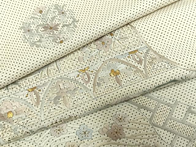 平和屋着物●訪問着 本場大島紬 白大島 中国三大刺繍 汕頭刺繍 スワトウ刺繍 総刺繍 一元絣 道長花文 金糸 正絹 逸品 AABG4314fy