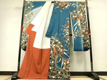 平和屋着物●豪華振袖　駒刺繍　花鳥文　暈し染め　金彩　正絹　逸品　AABG4315fy