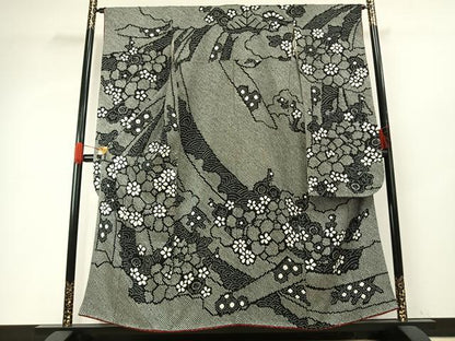 平和屋着物●豪華振袖　総絞り　草花文　黒地　正絹　逸品　AABG4320fy