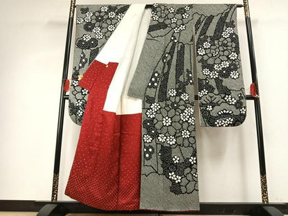 平和屋着物●豪華振袖　総絞り　草花文　黒地　正絹　逸品　AABG4320fy