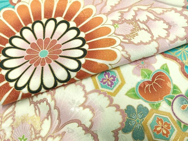 平和屋着物●平祐奈　小振袖　二尺袖　雪輪花文　金彩　洗える着物　未使用　AABG4323fy