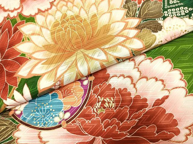 平和屋着物●小振袖　二尺袖　雪輪花文　金彩　洗える着物　AABG4328fy