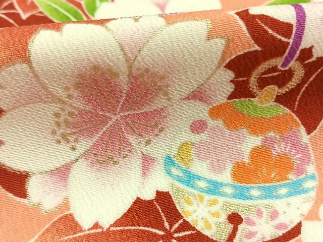 平和屋着物●小振袖　二尺袖　鈴　草花文　金彩　洗える着物　AABG4330fy