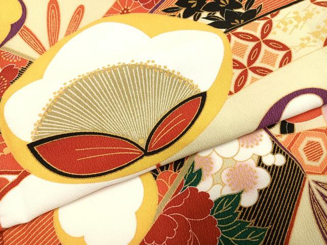 平和屋着物●小振袖　二尺袖　熨斗花文　金彩　洗える着物　AABG4331fy