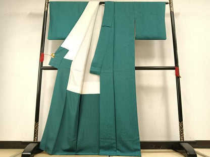 平和屋着物●上質な色無地　辻が花地紋　青緑色　正絹　逸品　AABG4335fy