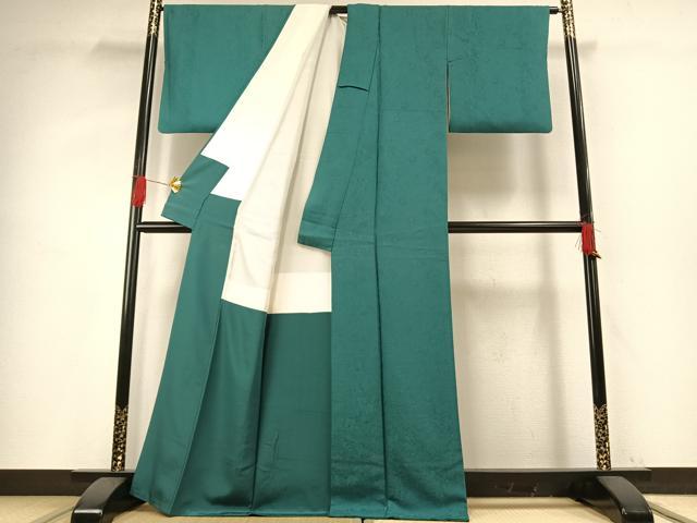 平和屋着物●上質な色無地　辻が花地紋　青緑色　正絹　逸品　AABG4335fy