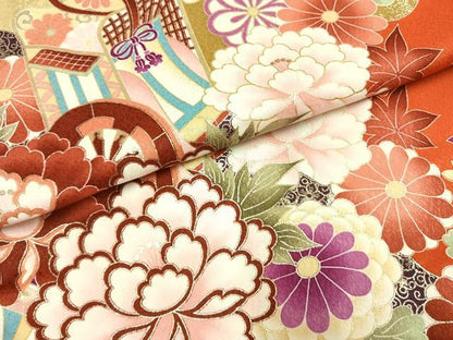 平和屋着物●小振袖　二尺袖　御所車花文　金彩　洗える着物　未使用　AABG4336fy